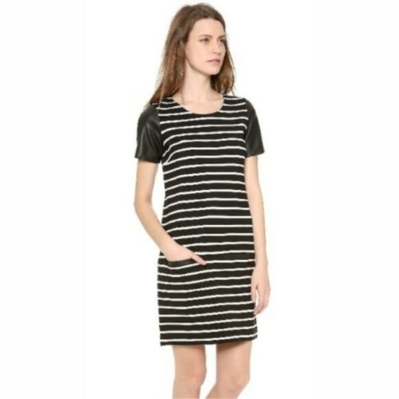 Club Monaco Tobin Striped Ponte Knit Dress Faux Leather‎ Short Sleeve Sz … - Picture 1 of 7